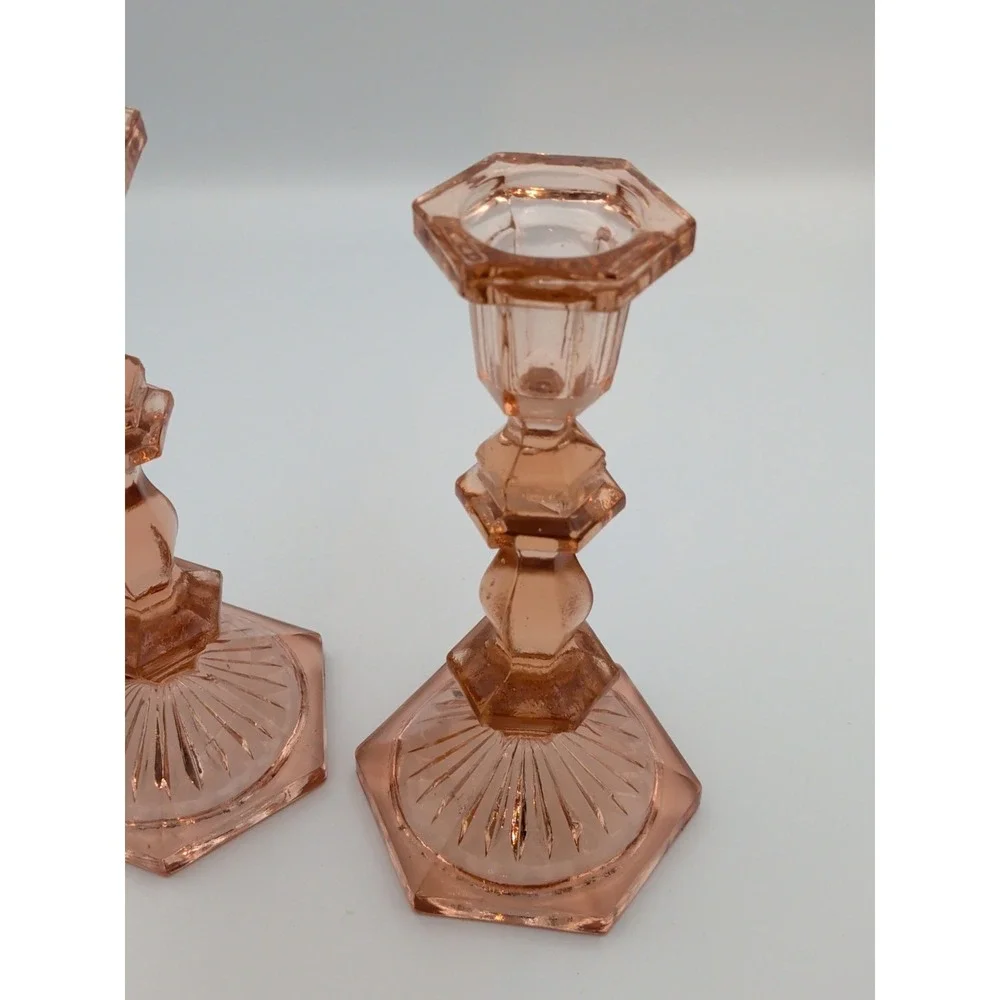 Pair of Vintage Deep Rose Pink Depression Glass Candlesticks, Beacon Hill 7.5